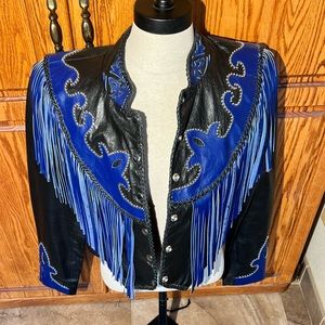 Royal blue and black leather jacket with fringe